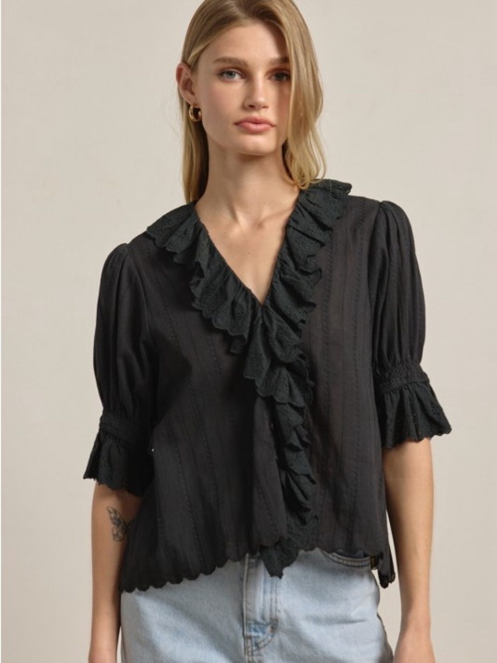 NWT 100% Cotton Black Ruffled V-Neck Women’s Blouse